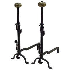 Pair of 19th Century Brass and Steel Baroque Andirons