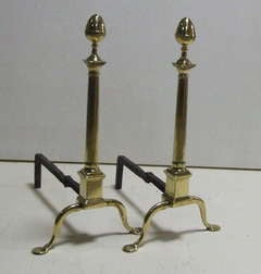 Pair of !8th Century Brass Column Andirons with Acorn Finials