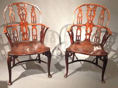 Antique Remarkable Pair of 18th Century Gothic Yewwood Windsor Chairs
