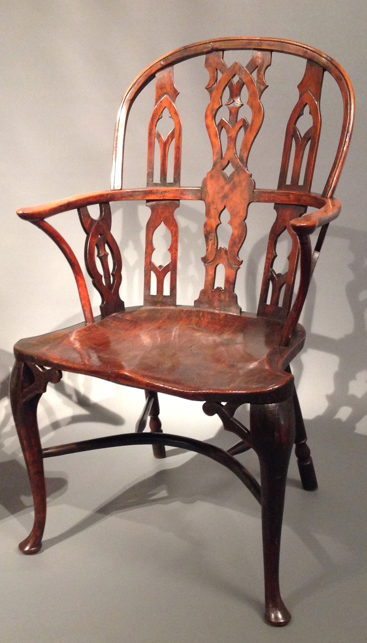 English Remarkable Pair of 18th Century Gothic Yewwood Windsor Chairs