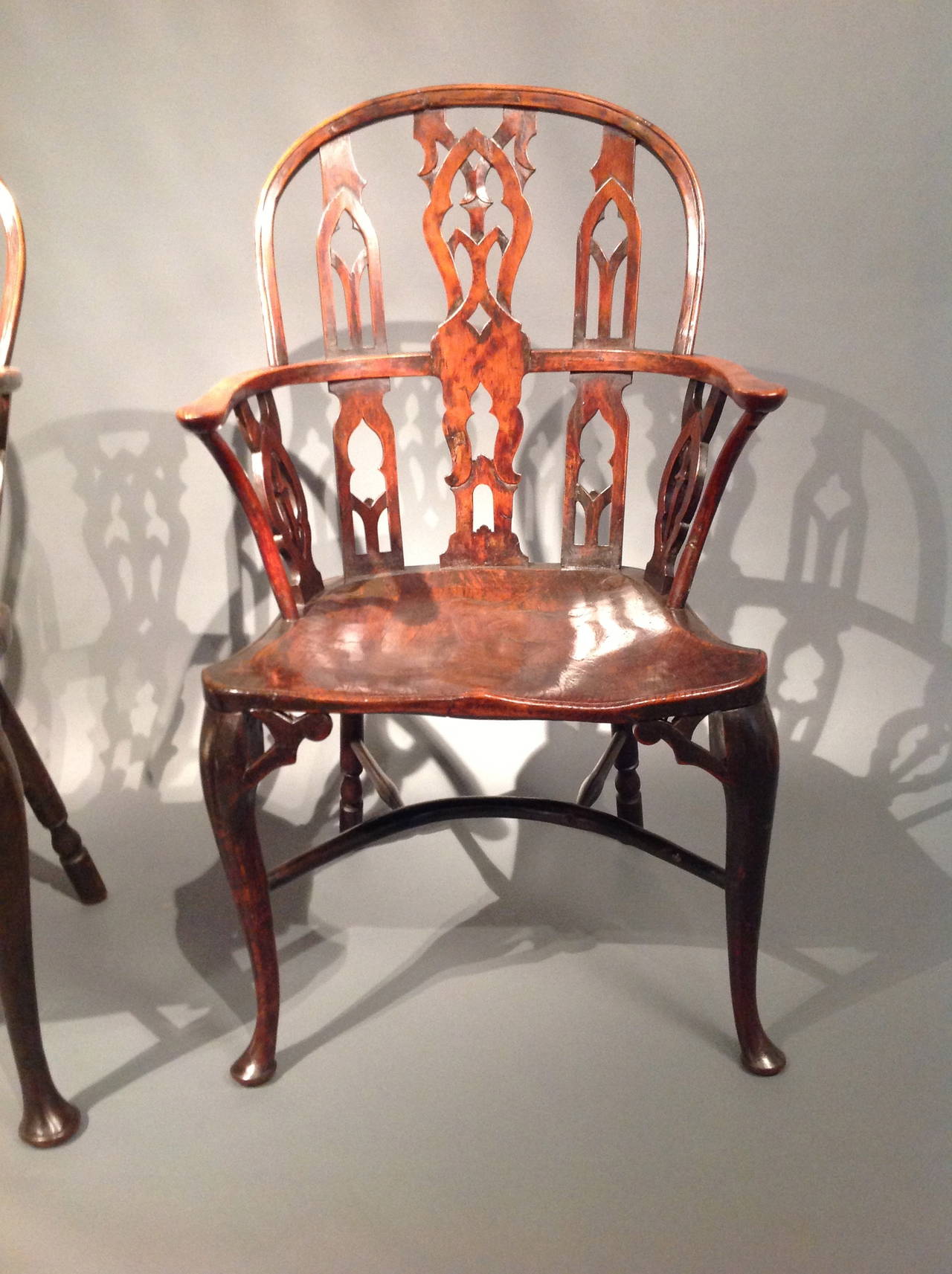 Remarkable Pair of 18th Century Gothic Yewwood Windsor Chairs 1