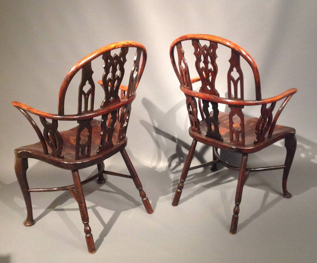 Remarkable Pair of 18th Century Gothic Yewwood Windsor Chairs 2
