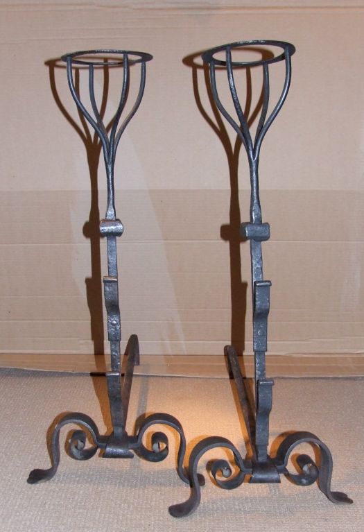 Baroque Pair of 18th Century Basket Top Andirons For Sale