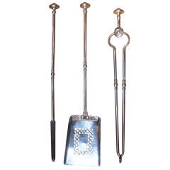 Three English Georgian Firetools in Steel with Button Finials