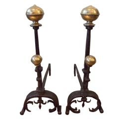Elegant Pair of 18th c. Italian Baroque Brass and Iron Andirons