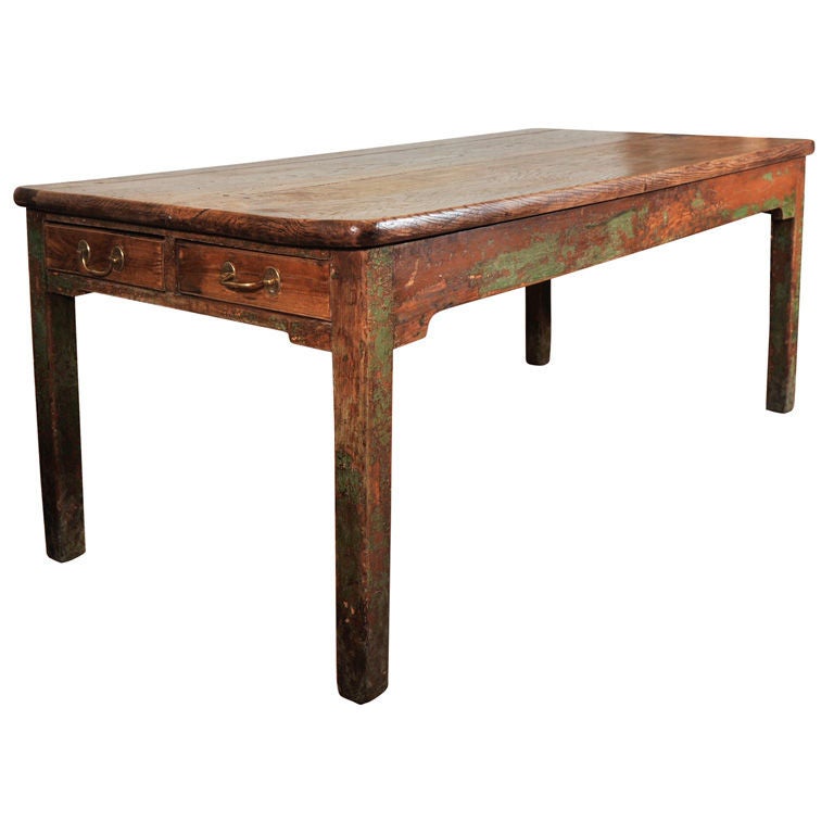 19th Century English Green Painted and Elm Country Table/Desk