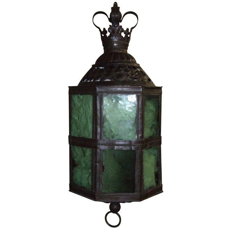 19th Century Patinated Brass and Green Glass Lantern For Sale