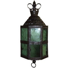 Antique 19th Century Patinated Brass and Green Glass Lantern