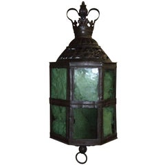 Farol de latón patinado y cristal verde del siglo XIX