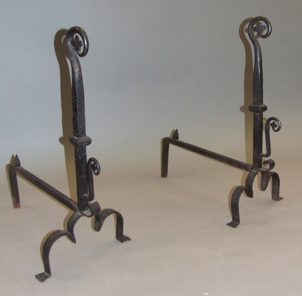 Pair of Blacksmith-Made Fern Scroll Wrought Iron Andirons