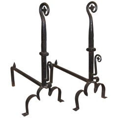 Antique Pair of Blacksmith-Made Fern Scroll Wrought Iron Andirons