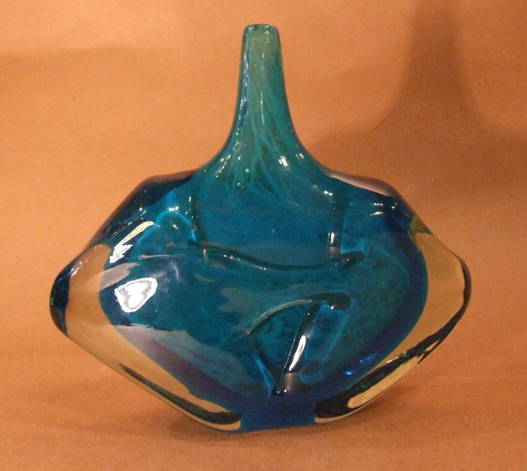 Unusual Mdina studio glass vase with rich greens and blues and with dripped effect exterior.  Michael Harris, who founded the Mdina glassworks in 1968, called this form alternatively a 