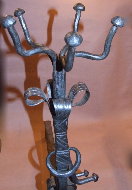 American Impressive Pair of Arts and Crafts Wrought Iron Andirons