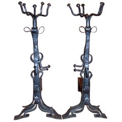 Impressive Pair of Arts and Crafts Wrought Iron Andirons