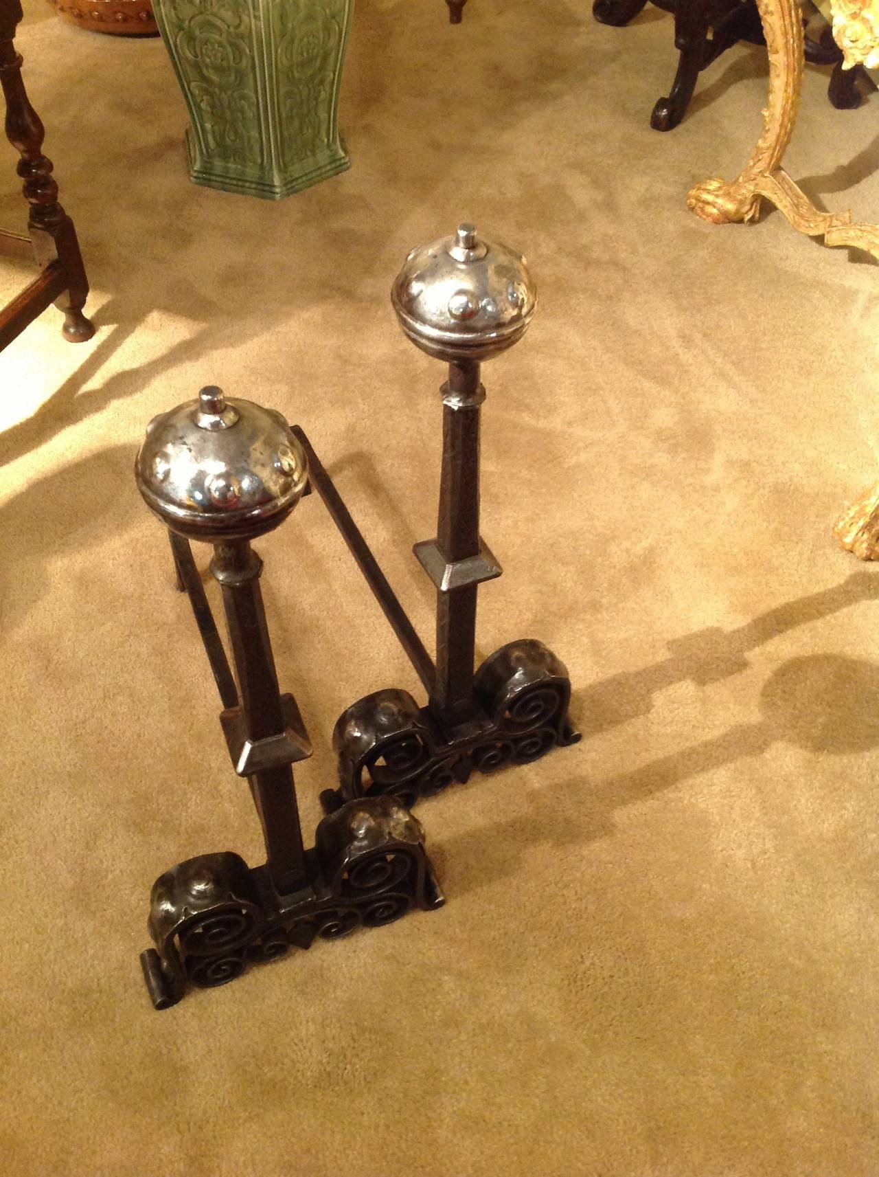 Forged Bold Pair of Arts and Crafts Mixed Metal Andirons