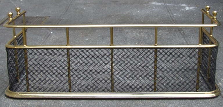 A decorative English 19th century fire fender with brass base and double top rail and iron cross woven mesh.
