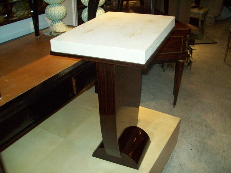 Beautiful handcrafted Art Deco style Macassar ebony table with shagreen top. Table is customizable and locally crafted. 
Can also be crafted in different types of wood and finishes. Price varies depending on customization. Turnaround time is 8-10