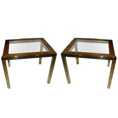 A Pair Of Modern Glass-top Brass And Burlwood Tables