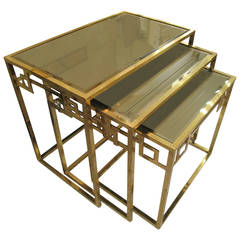 Vintage Set of Brass Nesting Tables with Smoked Glass Tops