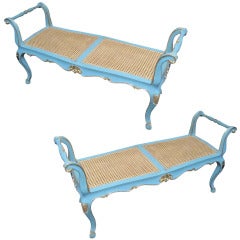 A Pair of Blue-Painted and Gilded Louis XV Style Caned Benches