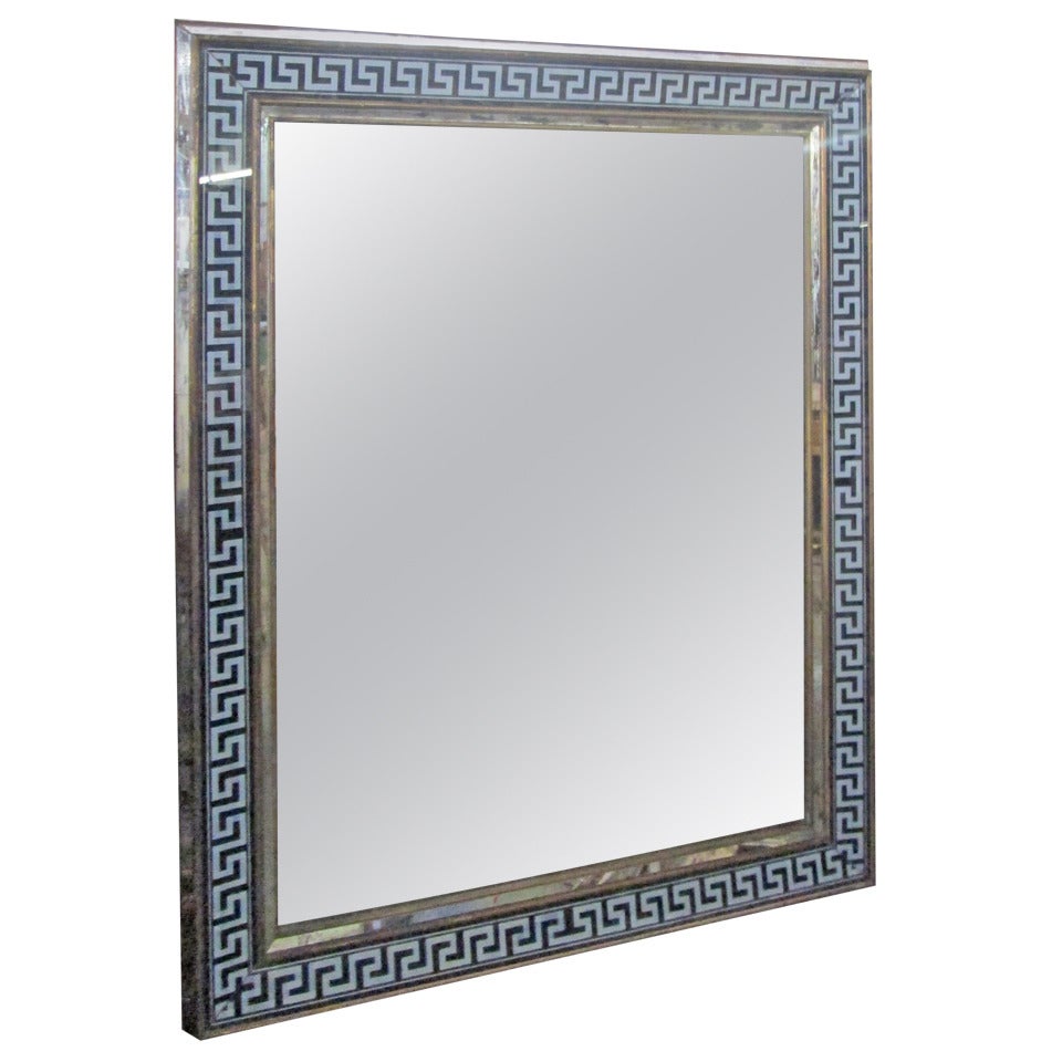 Reverse-Painted Rectangular Mirror with Greek Key Pattern