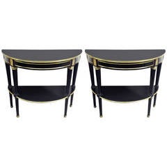 Pair of Directoire Style, Bronze-Mounted Demilune Consoles