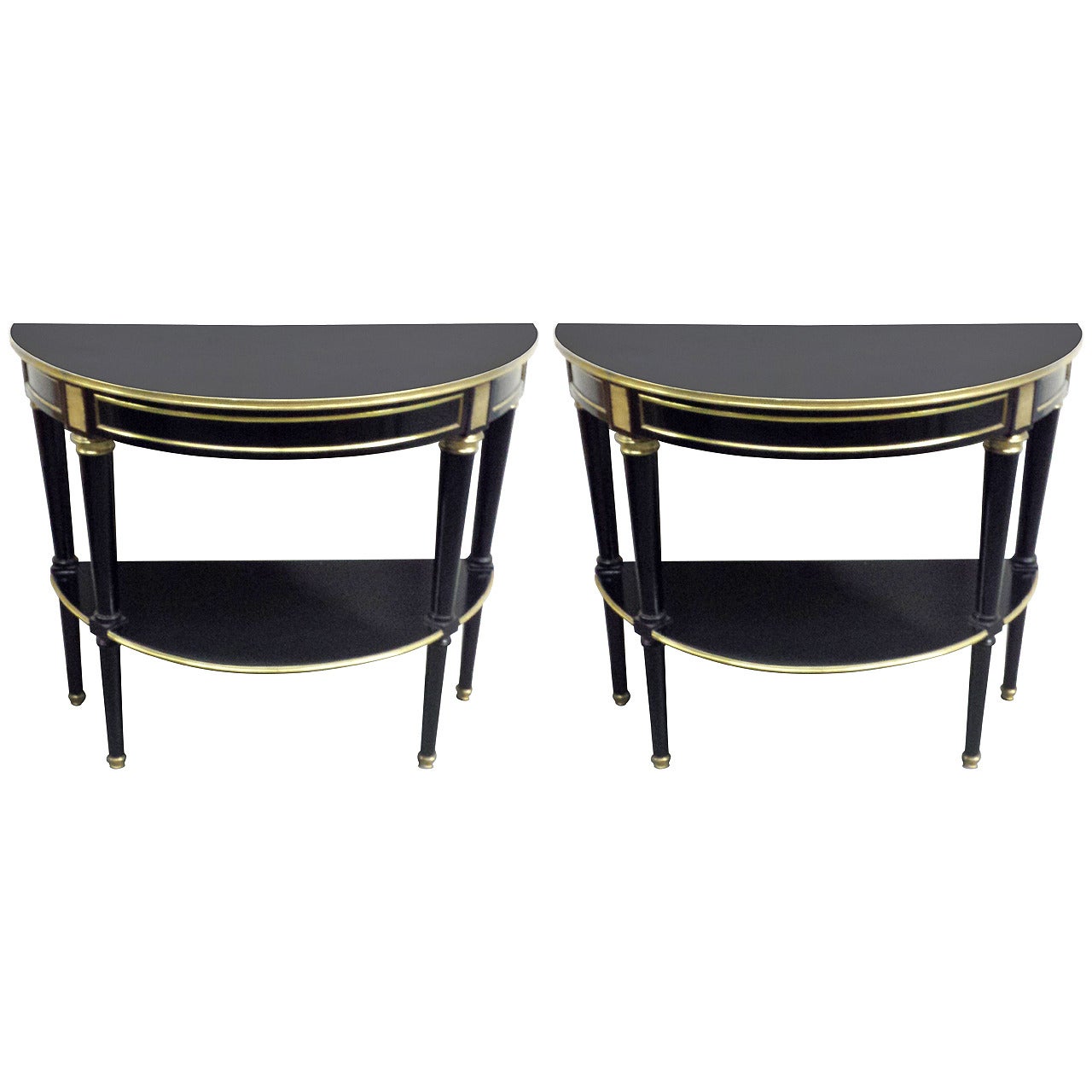Pair of Directoire Style, Bronze-Mounted Demilune Consoles