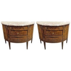 Exquisite Pair of Marble-Top Parquetry Demilune Commodes