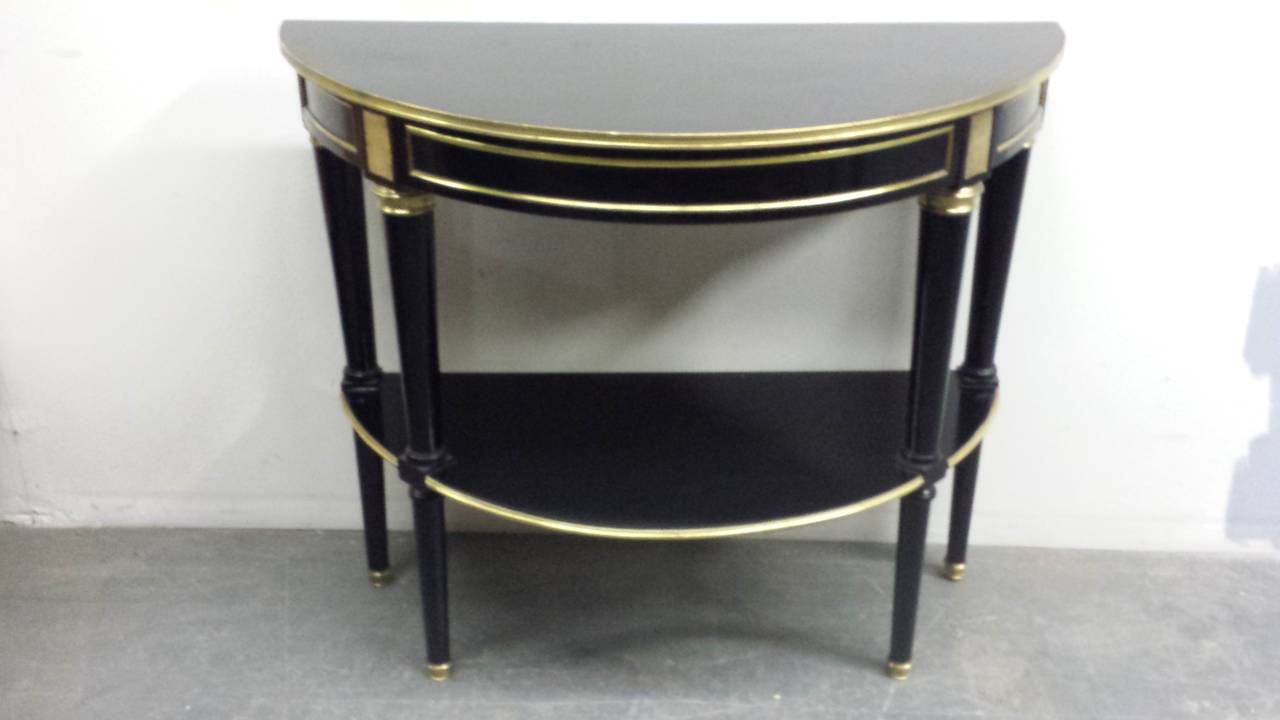 French Pair of Directoire Style, Bronze-Mounted Demilune Consoles