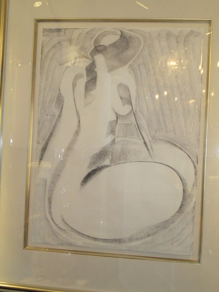 Paul Puccio (1934-) "Nude with Hat" , Charcoal on Paper