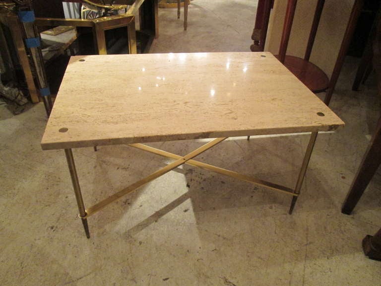 Travertine Top Cocktail Table on Brass Base at 1stdibs