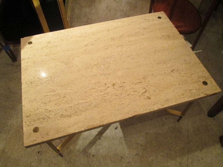Travertine Top Cocktail Table on Brass Base at 1stdibs