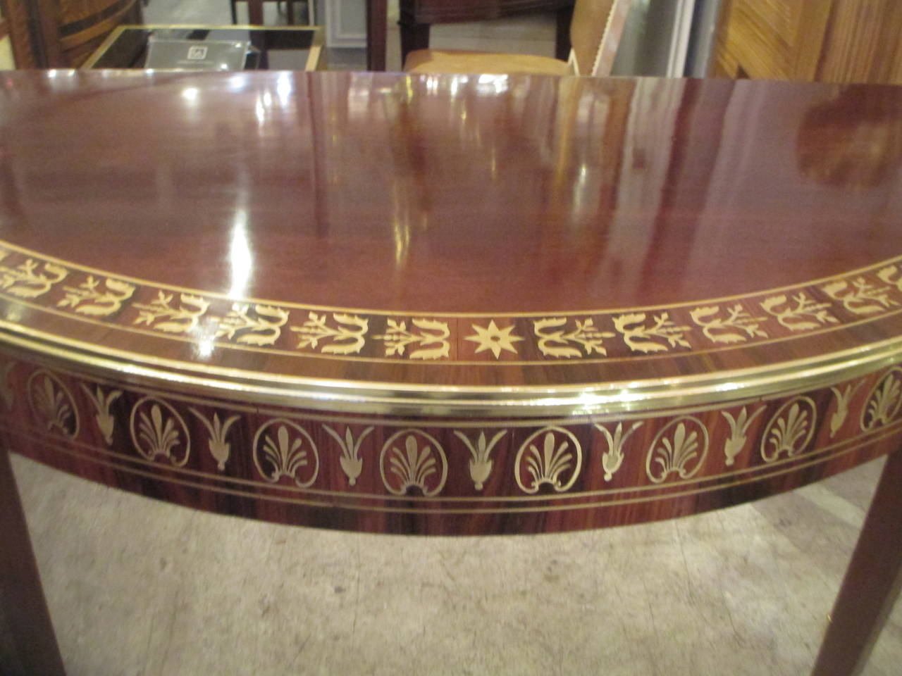 Exquisite Pair of Regency Style Brass- Inlaid Demi-lune Consoles In Excellent Condition In New York, NY