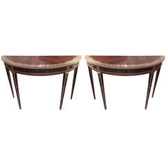 An Exquisite Pair of Inlaid and Brass Banded Rosewood Consoles
