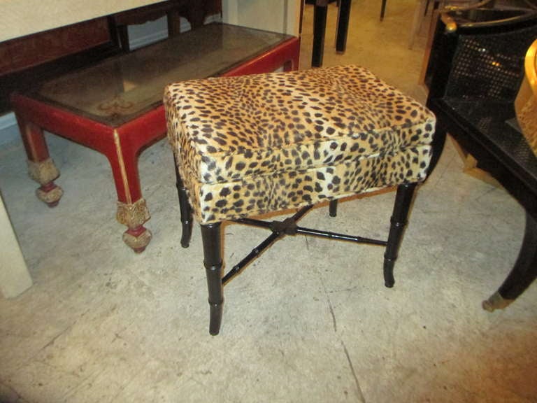 American A Pair of Faux Bamboo Benches Upholstered in Leopard Print