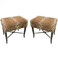 A Pair of Faux Bamboo Benches Upholstered in Leopard Print