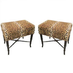 A Pair of Faux Bamboo Benches Upholstered in Leopard Print