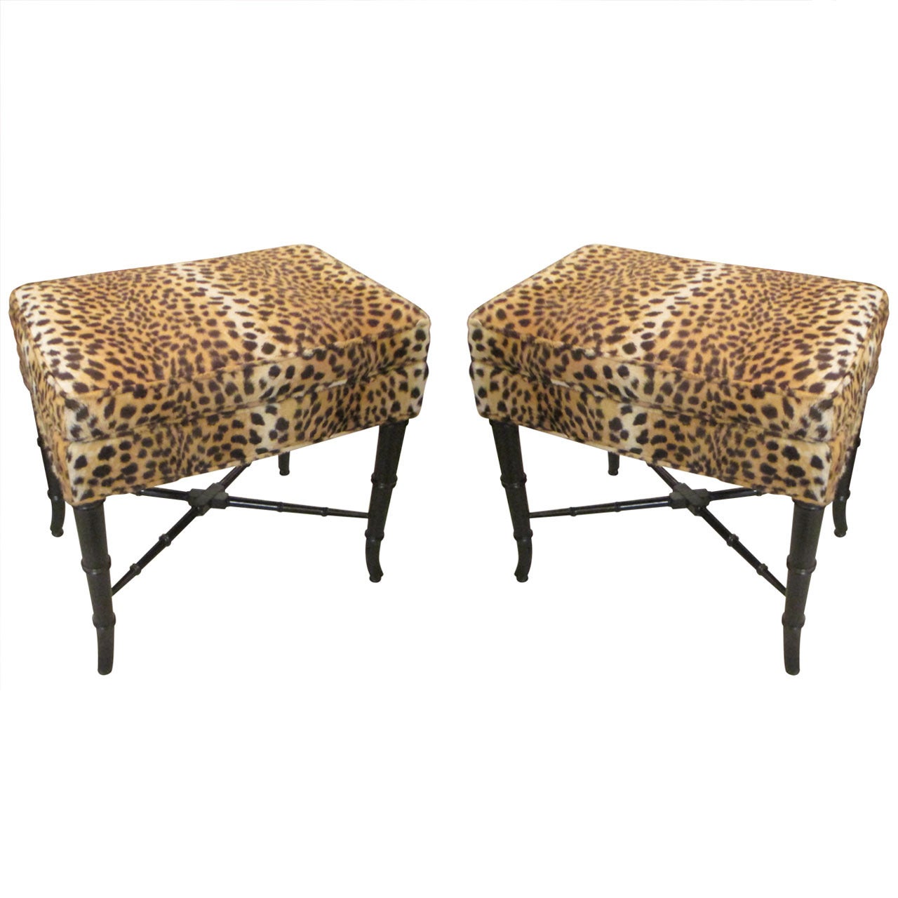 A Pair of Faux Bamboo Benches Upholstered in Leopard Print