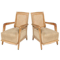 Very Unusual Pair of French 1940s Cerused Oak, Caned Armchairs