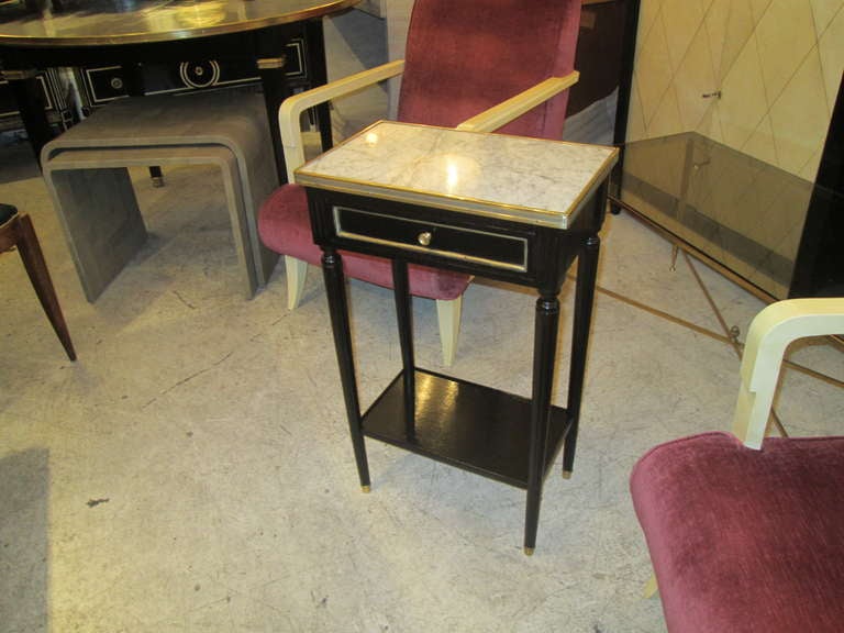 A Pair of Lacquered Directoire-Style, Marble Top Night Stands/ End Tables with brass banding
