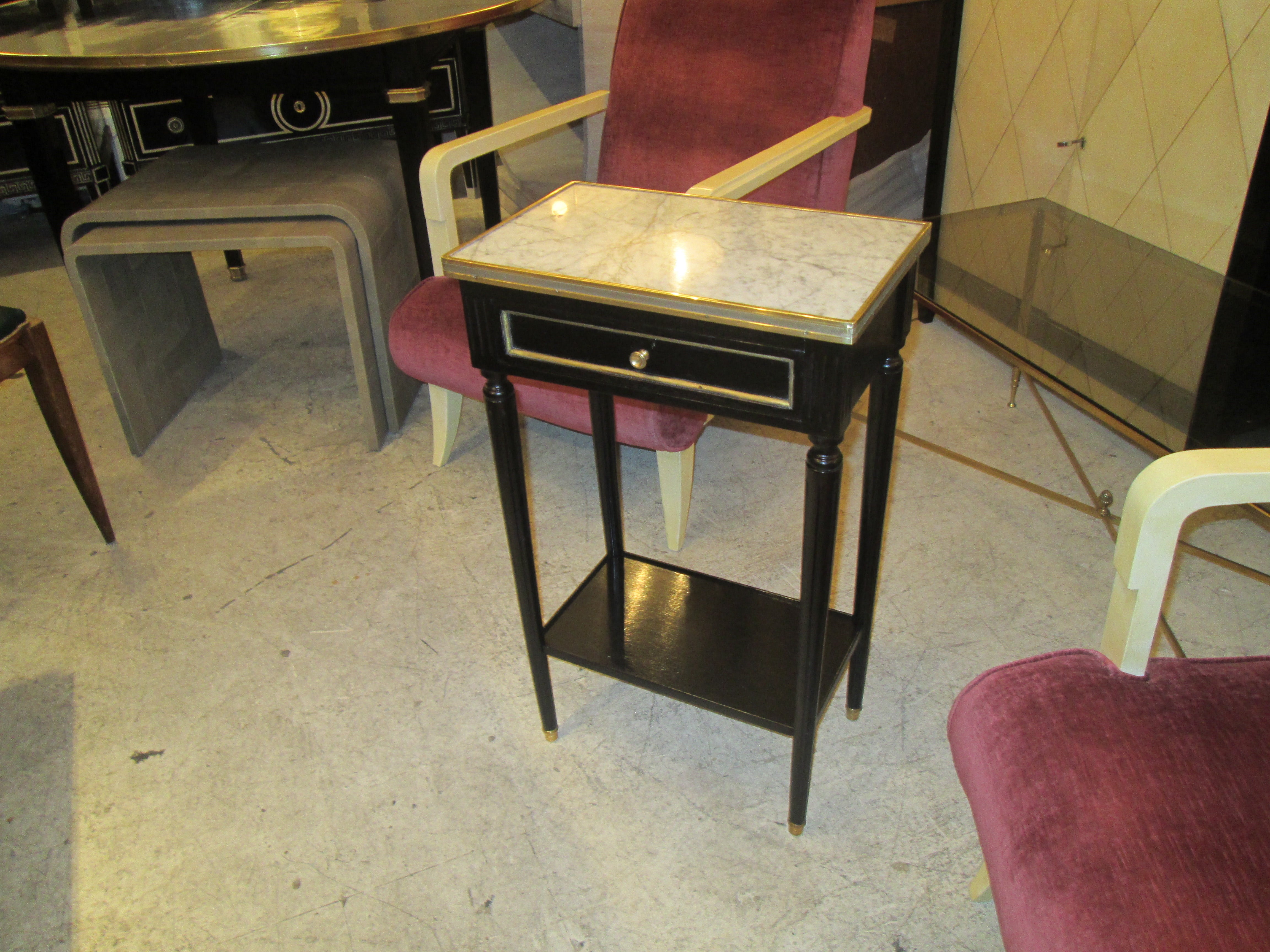 A Pair of Lacquered Directoire-Style, Marble Top Night Stands/ End Tables