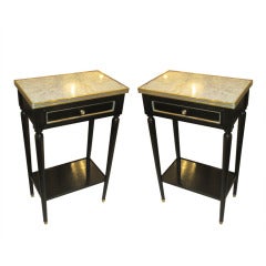 A Pair of Lacquered Directoire-Style, Marble Top Night Stands/ End Tables