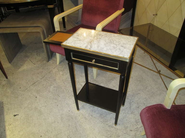 20th Century A Pair of Lacquered Directoire-Style, Marble Top Night Stands/ End Tables