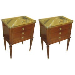 Pair of Louis XVI Style End Tables with Mirrored Tops and Brass Galleries