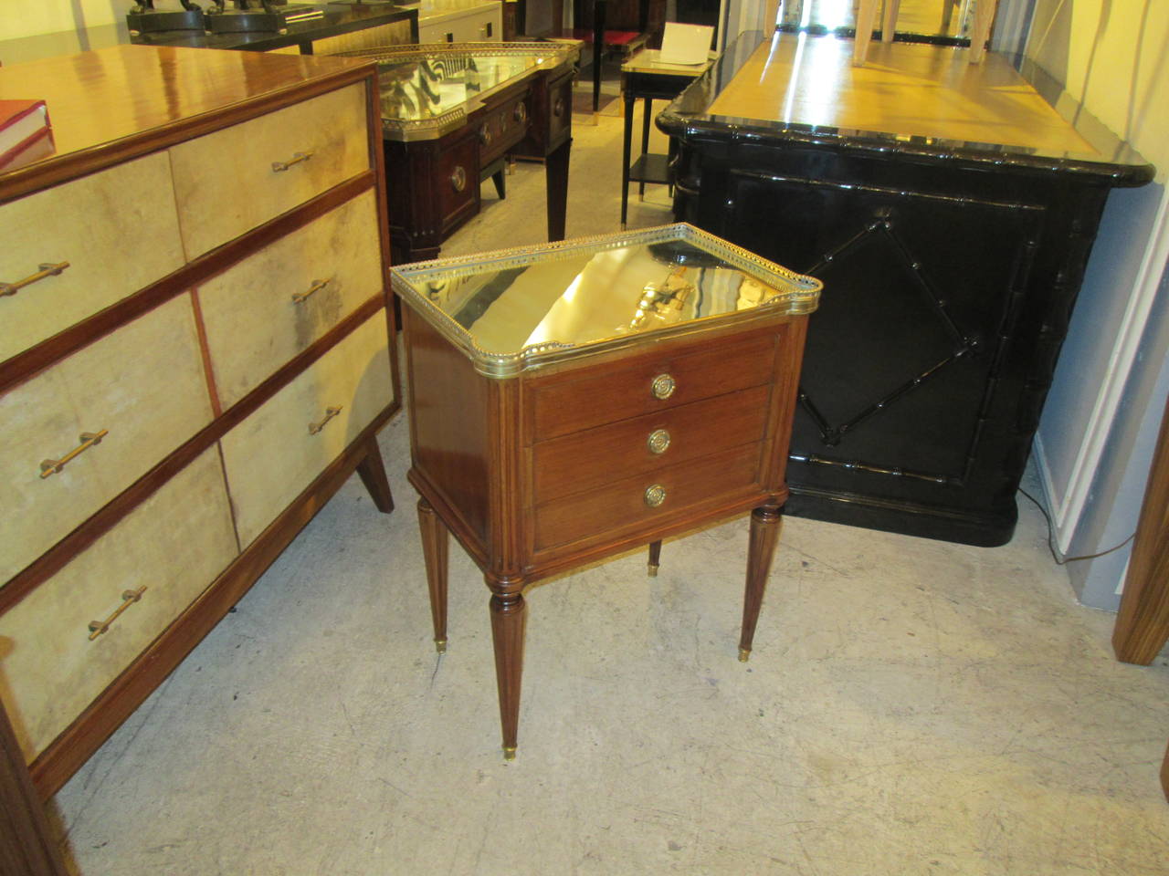 French Pair of Louis XVI Style End Tables with Mirrored Tops and Brass Galleries