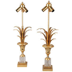 Pair of Brass and Crystal Lamps in the Maison Charles Manner 1