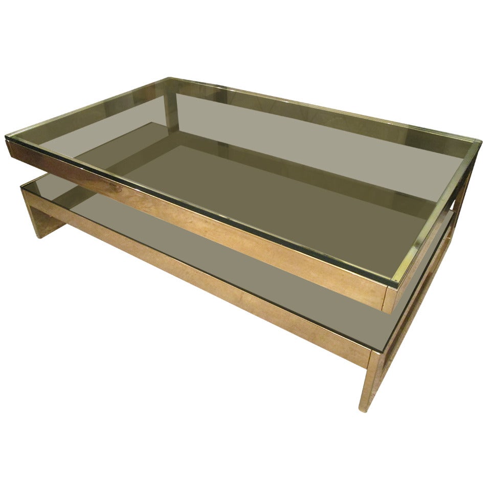 Sculptural Cantilevered, Two-Tier Brass Coffee Table