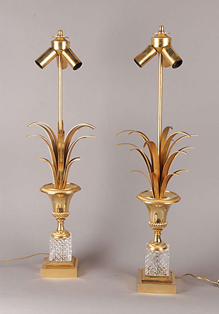 French Pair of Brass and Crystal Lamps in the Maison Charles Manner