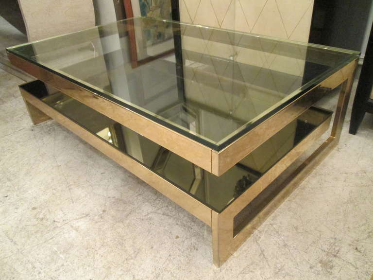 American Sculptural Cantilevered, Two-Tier Brass Coffee Table