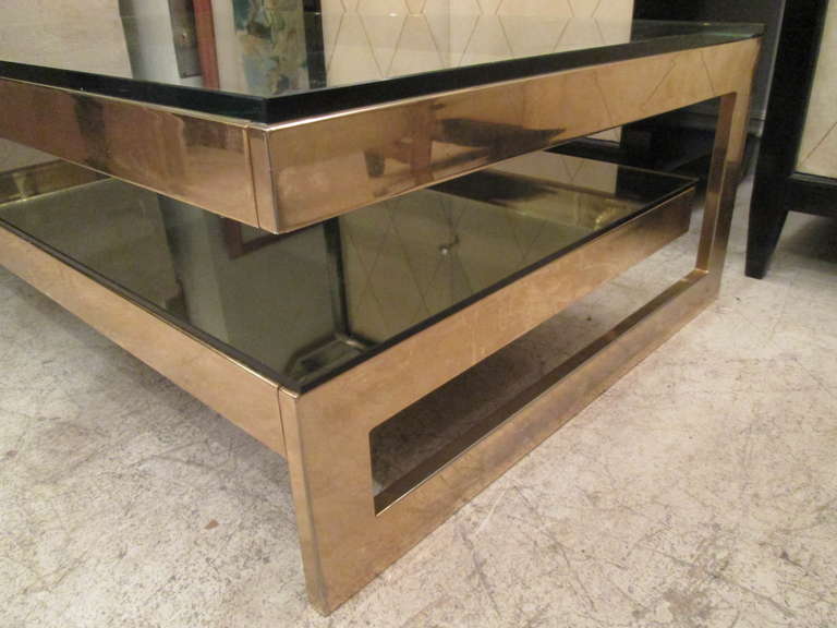 Sculptural Cantilevered, Two-Tier Brass Coffee Table In Excellent Condition In New York, NY